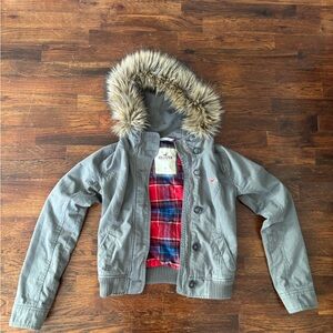 Hollister Gray Bomber Jacket with Faux Fur Hood